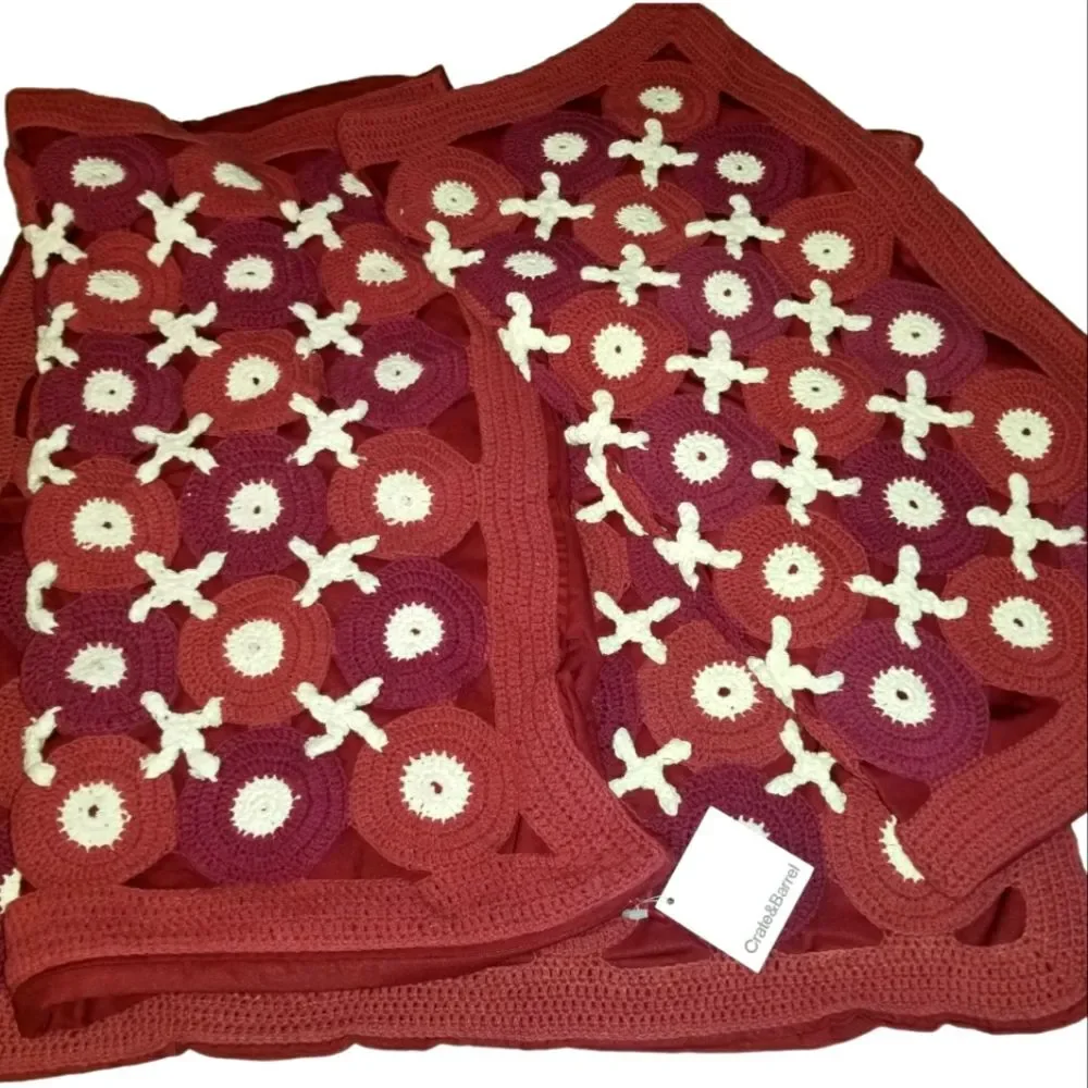 New Crate & Barrel Three Red Crochet Pillow Covers Set 21 x 21